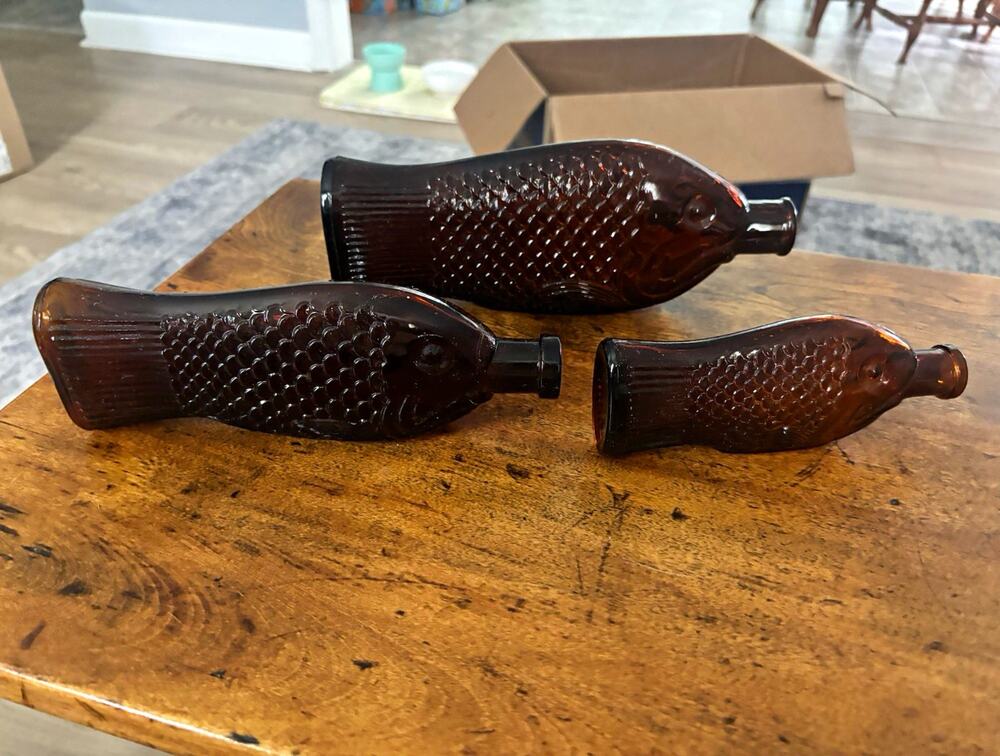 Fish-Shaped Brown Glass Bottles Set of 3, 10 oz Each, Original Paperwork